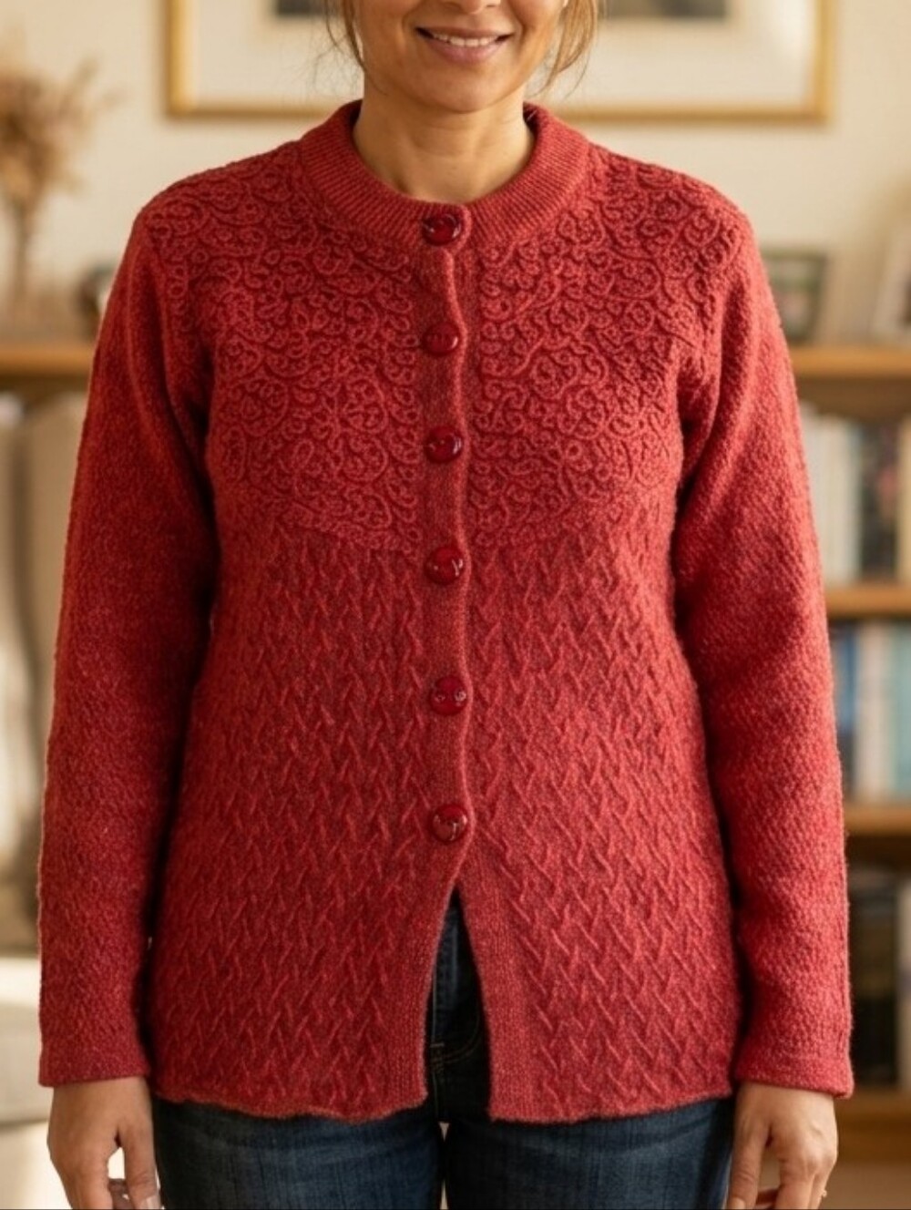 Vintage Jaanu Mauve Rose Knit Cardigan Sweater Textured Floral Scroll Graphic M